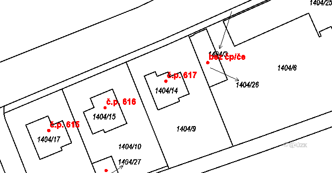 Hřebeč 617 na parcele st. 1404/14 v KÚ Hřebeč, Katastrální mapa