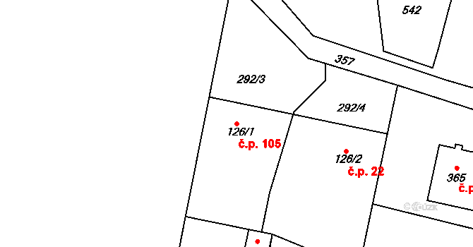 Okrouhlice 105 na parcele st. 126/1 v KÚ Okrouhlice, Katastrální mapa