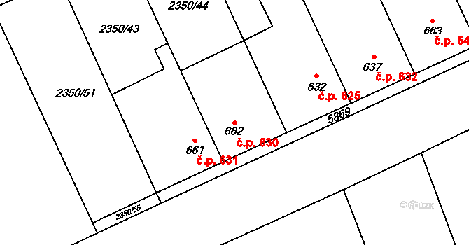 Hrušovany nad Jevišovkou 630 na parcele st. 662 v KÚ Hrušovany nad Jevišovkou, Katastrální mapa