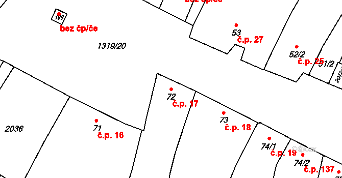 Křídlůvky 17 na parcele st. 72 v KÚ Křídlůvky, Katastrální mapa