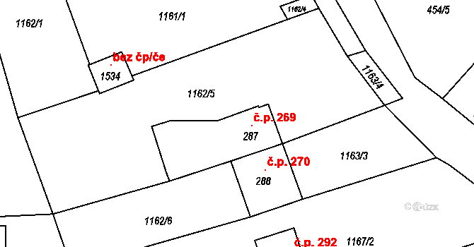 Vranov nad Dyjí 269 na parcele st. 287 v KÚ Vranov nad Dyjí, Katastrální mapa