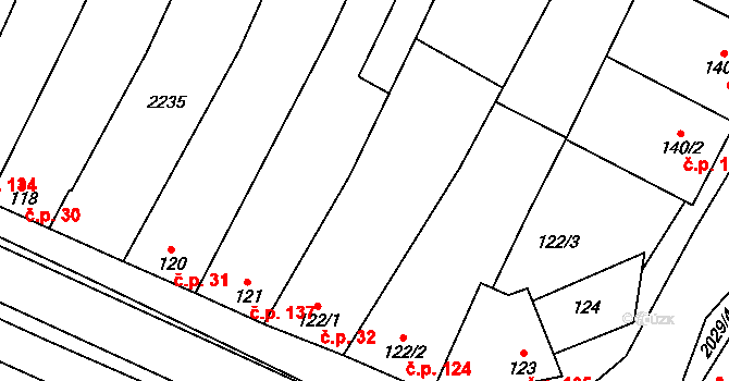 Louka 32 na parcele st. 122/1 v KÚ Louka u Ostrohu, Katastrální mapa