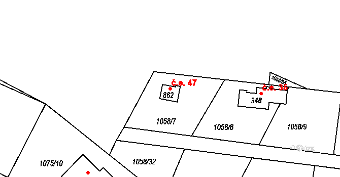 Loutí 47, Rabyně na parcele st. 862 v KÚ Rabyně, Katastrální mapa