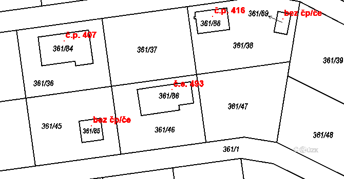 Mstišov 493, Dubí na parcele st. 361/86 v KÚ Mstišov, Katastrální mapa