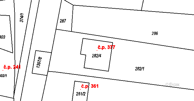 Bělotín 377 na parcele st. 282/4 v KÚ Bělotín, Katastrální mapa