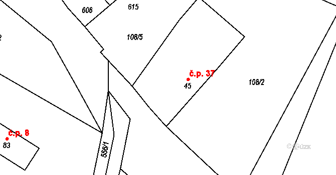 Lomnička 37, Kšice na parcele st. 45 v KÚ Lomnička, Katastrální mapa