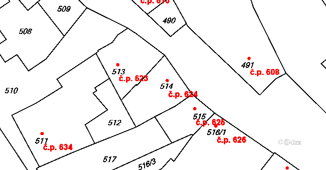 Bolelouc 624, Dub nad Moravou na parcele st. 514 v KÚ Dub nad Moravou, Katastrální mapa