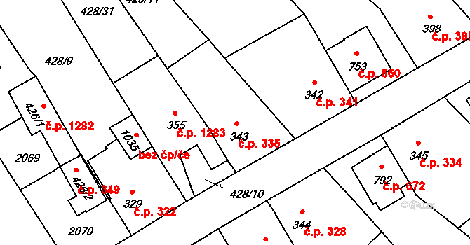 Hluboká nad Vltavou 335 na parcele st. 343 v KÚ Hluboká nad Vltavou, Katastrální mapa