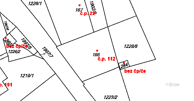 Líšnice 112 na parcele st. 166 v KÚ Líšnice, Katastrální mapa