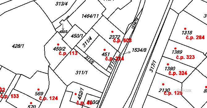 Stařečka 224, Třebíč na parcele st. 451 v KÚ Třebíč, Katastrální mapa
