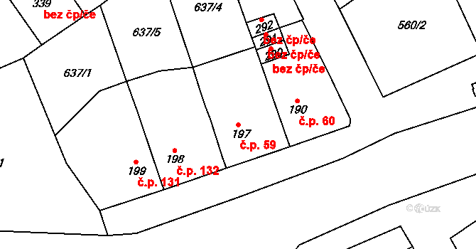 Žalany 59 na parcele st. 197 v KÚ Žalany, Katastrální mapa