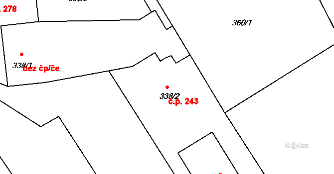 Kvasiny 243 na parcele st. 338/2 v KÚ Kvasiny, Katastrální mapa