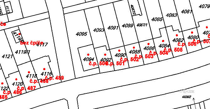Záběhlice 501, Praha na parcele st. 4092 v KÚ Záběhlice, Katastrální mapa