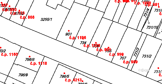 Hodonín 1029 na parcele st. 734 v KÚ Hodonín, Katastrální mapa
