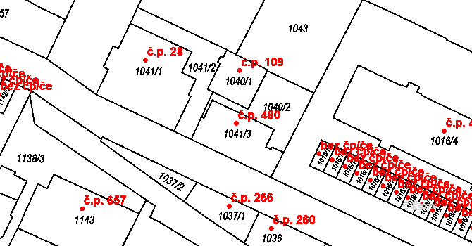 Liberec V-Kristiánov 480, Liberec na parcele st. 1041/3 v KÚ Liberec, Katastrální mapa
