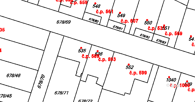 Rosice 593 na parcele st. 536 v KÚ Rosice u Brna, Katastrální mapa