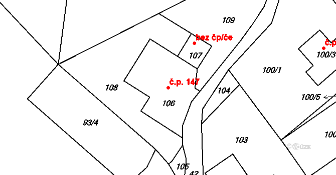 Proseč nad Nisou 147, Jablonec nad Nisou na parcele st. 106 v KÚ Proseč nad Nisou, Katastrální mapa