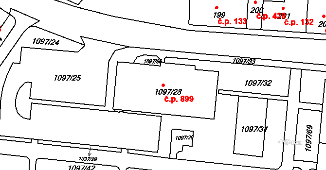 Podbořany 899 na parcele st. 1097/28 v KÚ Podbořany, Katastrální mapa