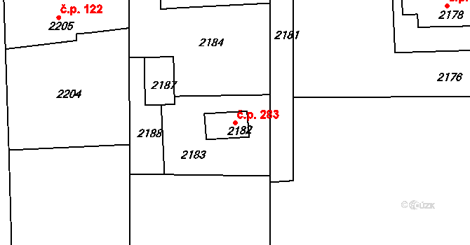 Třanovice 283 na parcele st. 2182 v KÚ Třanovice, Katastrální mapa