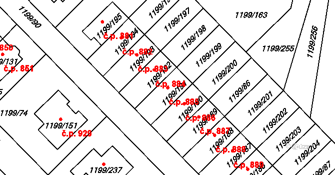 Vejprnice 885 na parcele st. 1199/191 v KÚ Vejprnice, Katastrální mapa