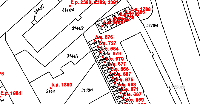Znojmo 684 na parcele st. 3181/33 v KÚ Znojmo-město, Katastrální mapa