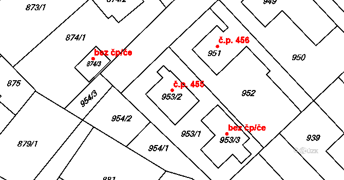Měřín 455 na parcele st. 953/2 v KÚ Měřín, Katastrální mapa