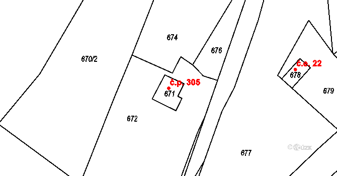 Zádveřice 305, Zádveřice-Raková na parcele st. 671 v KÚ Zádveřice, Katastrální mapa