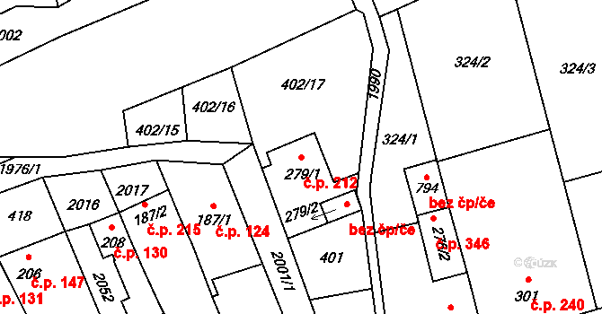 Louky 212, Zlín na parcele st. 279/1 v KÚ Louky nad Dřevnicí, Katastrální mapa
