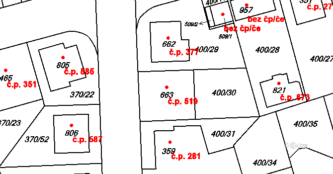 Prštné 519, Zlín na parcele st. 663 v KÚ Prštné, Katastrální mapa