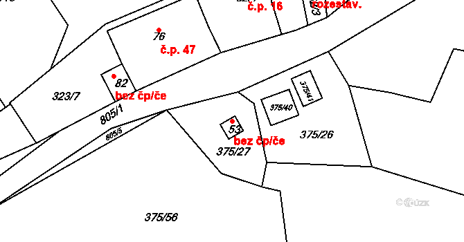 Žďár 46229710 na parcele st. 53 v KÚ Nová Ves u Protivína, Katastrální mapa