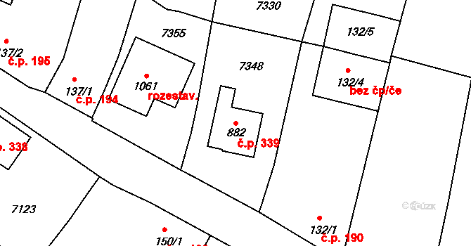 Hrádek 339 na parcele st. 882 v KÚ Hrádek u Znojma, Katastrální mapa
