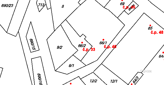 Chroustovice 33 na parcele st. 66/2 v KÚ Chroustovice, Katastrální mapa