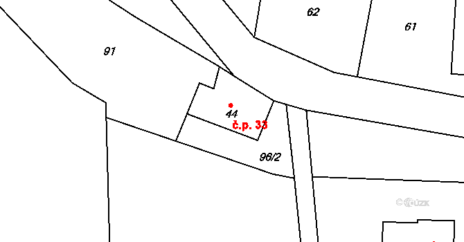 Hněvětice 33, Skuteč na parcele st. 44 v KÚ Hněvětice, Katastrální mapa