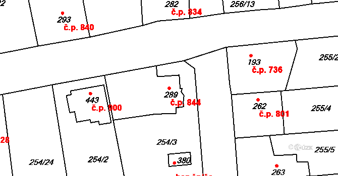 Rudná 844 na parcele st. 289 v KÚ Hořelice, Katastrální mapa