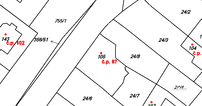 Horní Kamenice 87 na parcele st. 105 v KÚ Horní Kamenice u Staňkova, Katastrální mapa