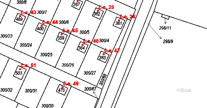 Hrádek 47 na parcele st. 363 v KÚ Hrádek u Rokycan, Katastrální mapa