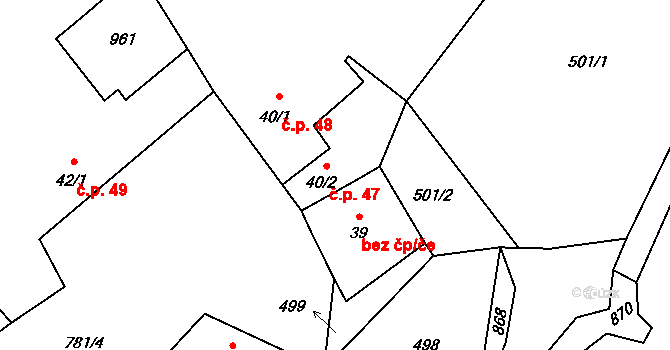 Pohorovice 47 na parcele st. 40/2 v KÚ Pohorovice, Katastrální mapa