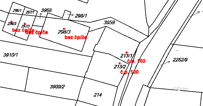 Jiřice u Miroslavi 102 na parcele st. 213/1 v KÚ Jiřice u Miroslavi, Katastrální mapa