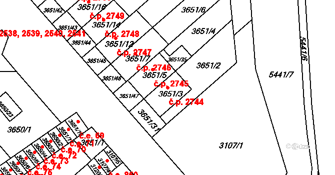 Znojmo 2744 na parcele st. 3651/3 v KÚ Znojmo-město, Katastrální mapa