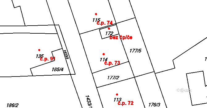 Olšovec 73 na parcele st. 114 v KÚ Olšovec, Katastrální mapa