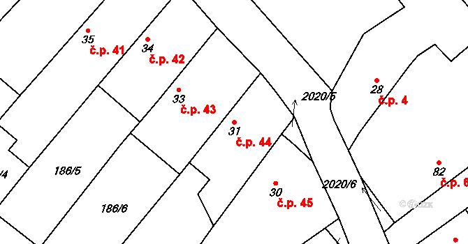 Horušice 44 na parcele st. 31 v KÚ Horušice, Katastrální mapa