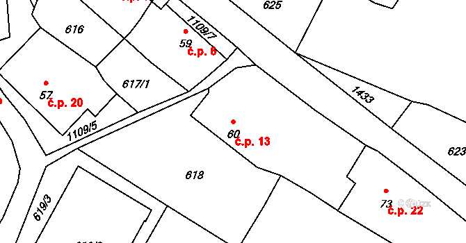 Řehenice 13 na parcele st. 60 v KÚ Malešín, Katastrální mapa