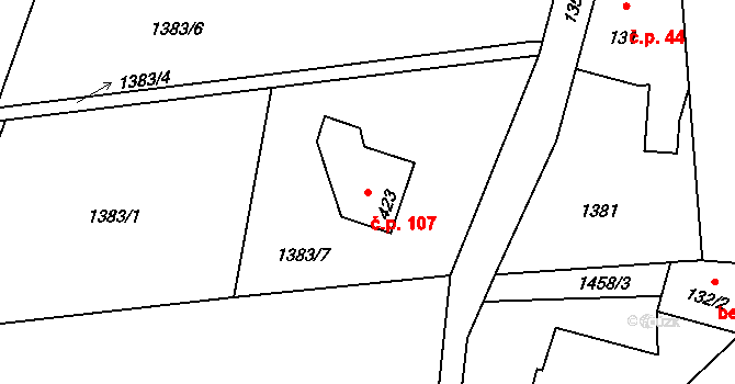 Huntířov 107, Skuhrov na parcele st. 423 v KÚ Skuhrov u Železného Brodu, Katastrální mapa