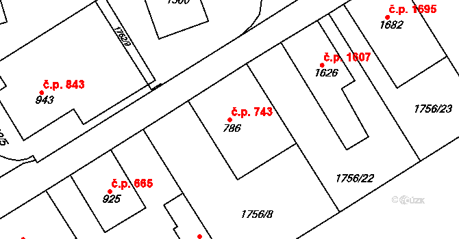 Tišnov 743 na parcele st. 786 v KÚ Tišnov, Katastrální mapa