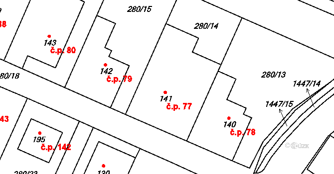 Kozlov 77 na parcele st. 141 v KÚ Kozlov u Jihlavy, Katastrální mapa