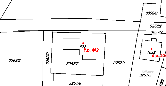 Kozlovice 452 na parcele st. 622 v KÚ Kozlovice, Katastrální mapa