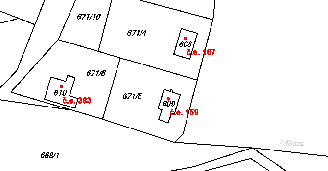 Hrusice 159 na parcele st. 609 v KÚ Hrusice, Katastrální mapa