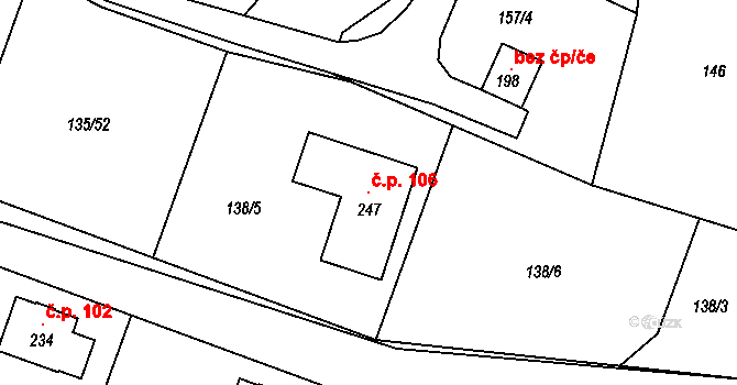 Perálec 106 na parcele st. 247 v KÚ Perálec, Katastrální mapa