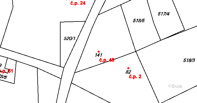 Roudný 46, Karlovice na parcele st. 141 v KÚ Karlovice, Katastrální mapa