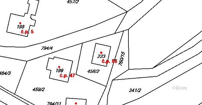 Chutnovka 55, Mírová pod Kozákovem na parcele st. 223 v KÚ Sekerkovy Loučky, Katastrální mapa